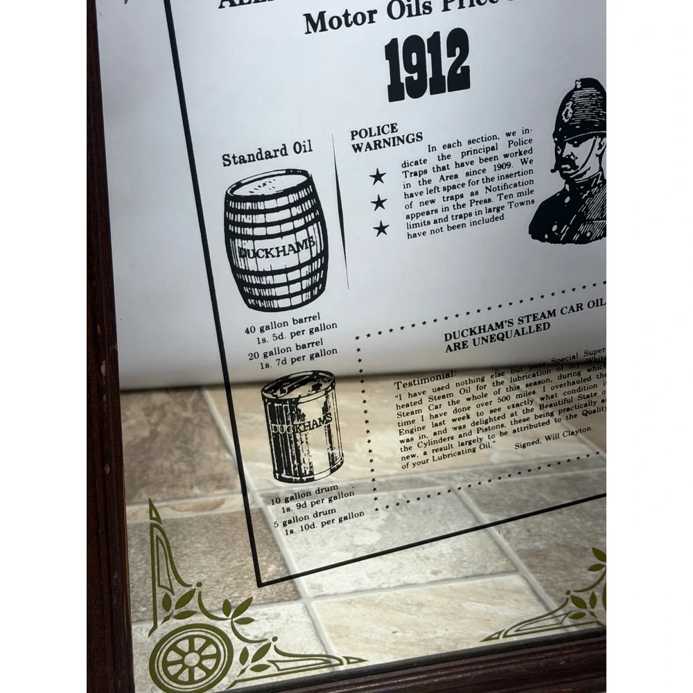 Vintage Alexander Duckham Motor Oils 1912 Price List Pub Mirror Wood Frame 20x14